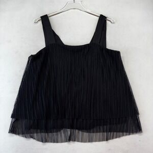 DKNY Plisse Mesh Camisole Women Large Black‎ Tiered Pleated Sleeveless Top New